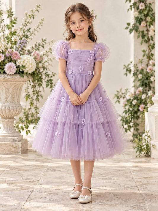 Lilac Tulle Square Neck Puff Sleeve Tiered Floral Flower Girl Dress, front view