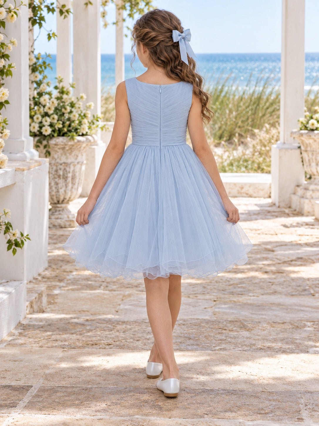 Blue Tulle Knee Length Sleeveless Ruched Flower A-Line Flower Girl Dress, back view