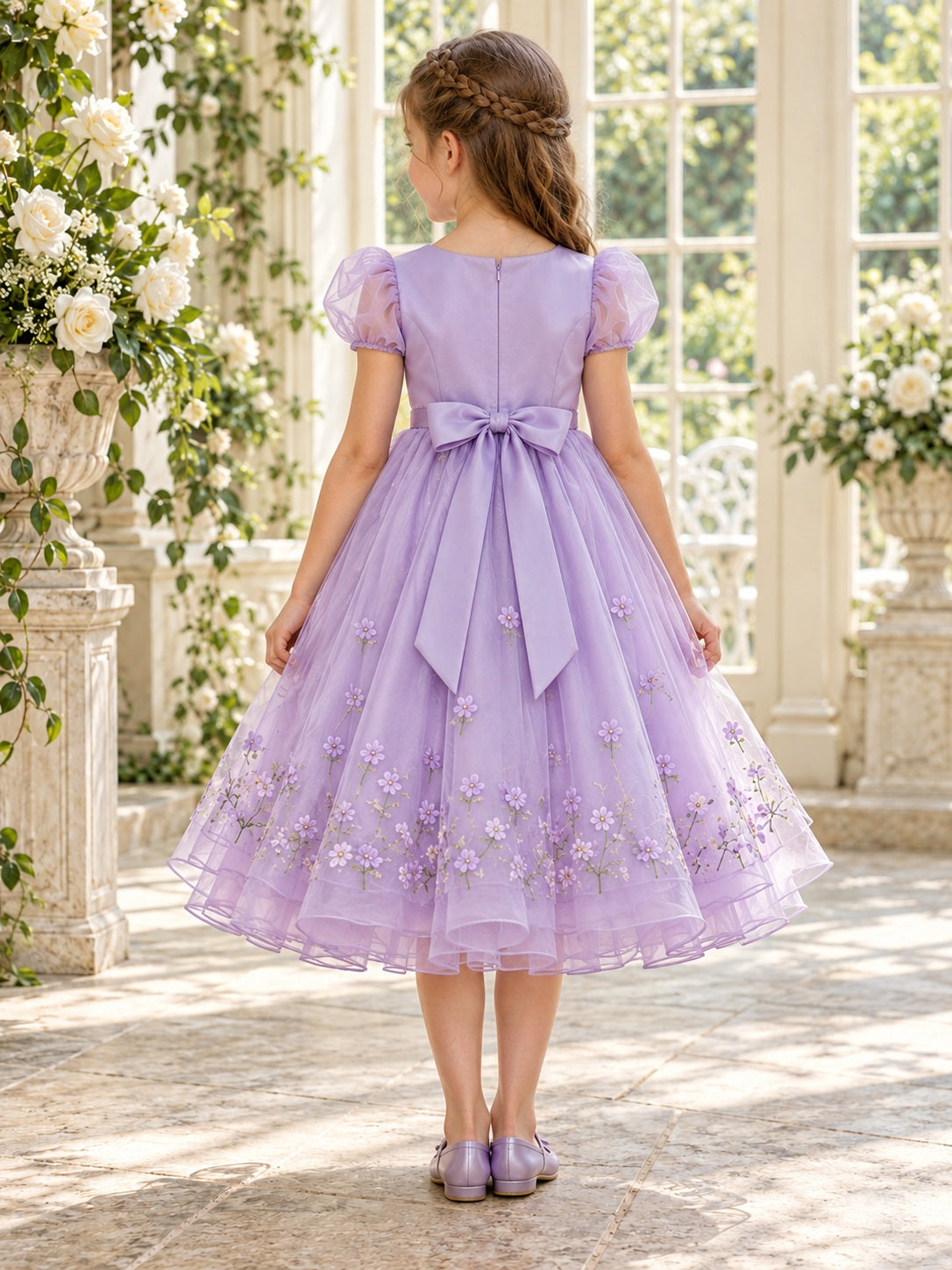 Vestido de niña de arras de organza en lila, línea A, escote a la caja, manga corta, largo a media pierna