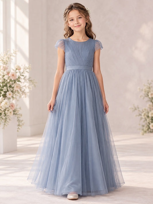 Vestido de dama de honor júnior de tul en azul acero, línea A, escote a la caja, manga corta, largo hasta el suelo