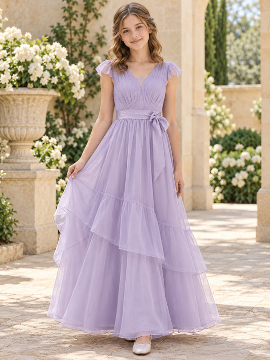 Vestido de dama de honor júnior de organza en lila, línea A, escote en V, manga corta, largo hasta el suelo
