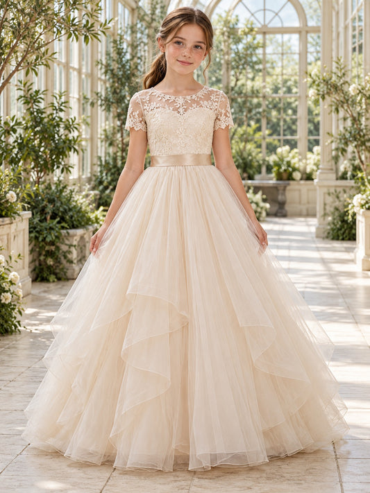 Vestido de dama de honor júnior de tul y encaje en champán, corte princesa, escote a la caja, manga corta, largo hasta el suelo