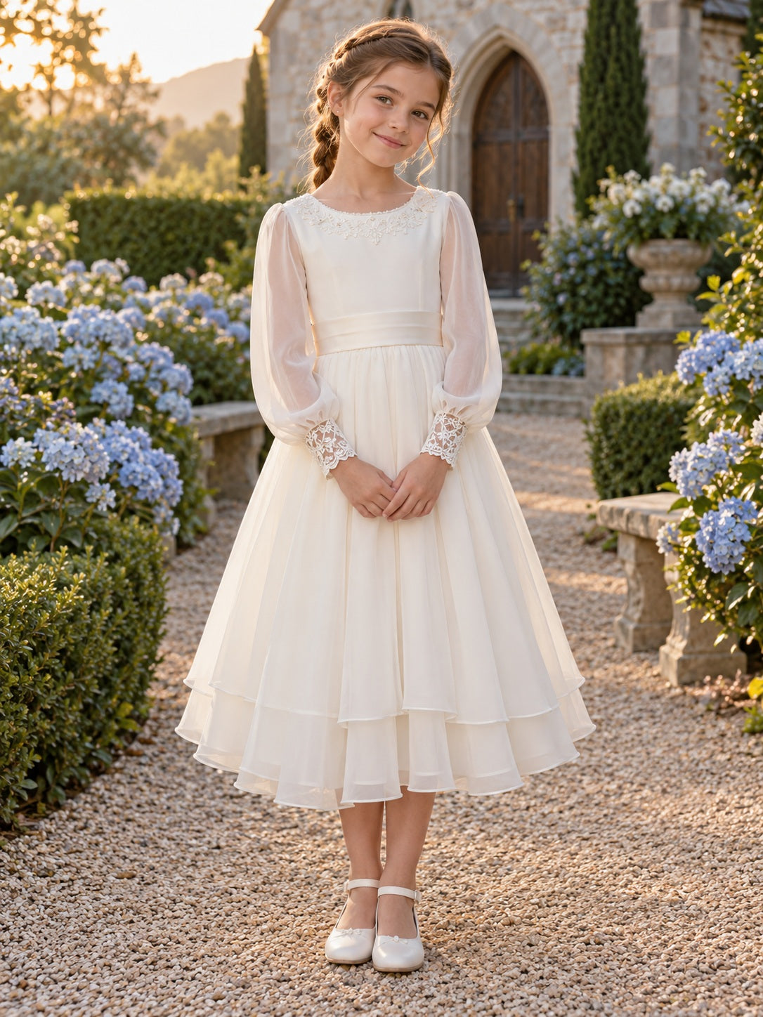 Elfenbeinfarbenes Chiffon-Kleid in Teelänge mit langen Ballonärmeln und Spitzenmanschetten für die Erstkommunion