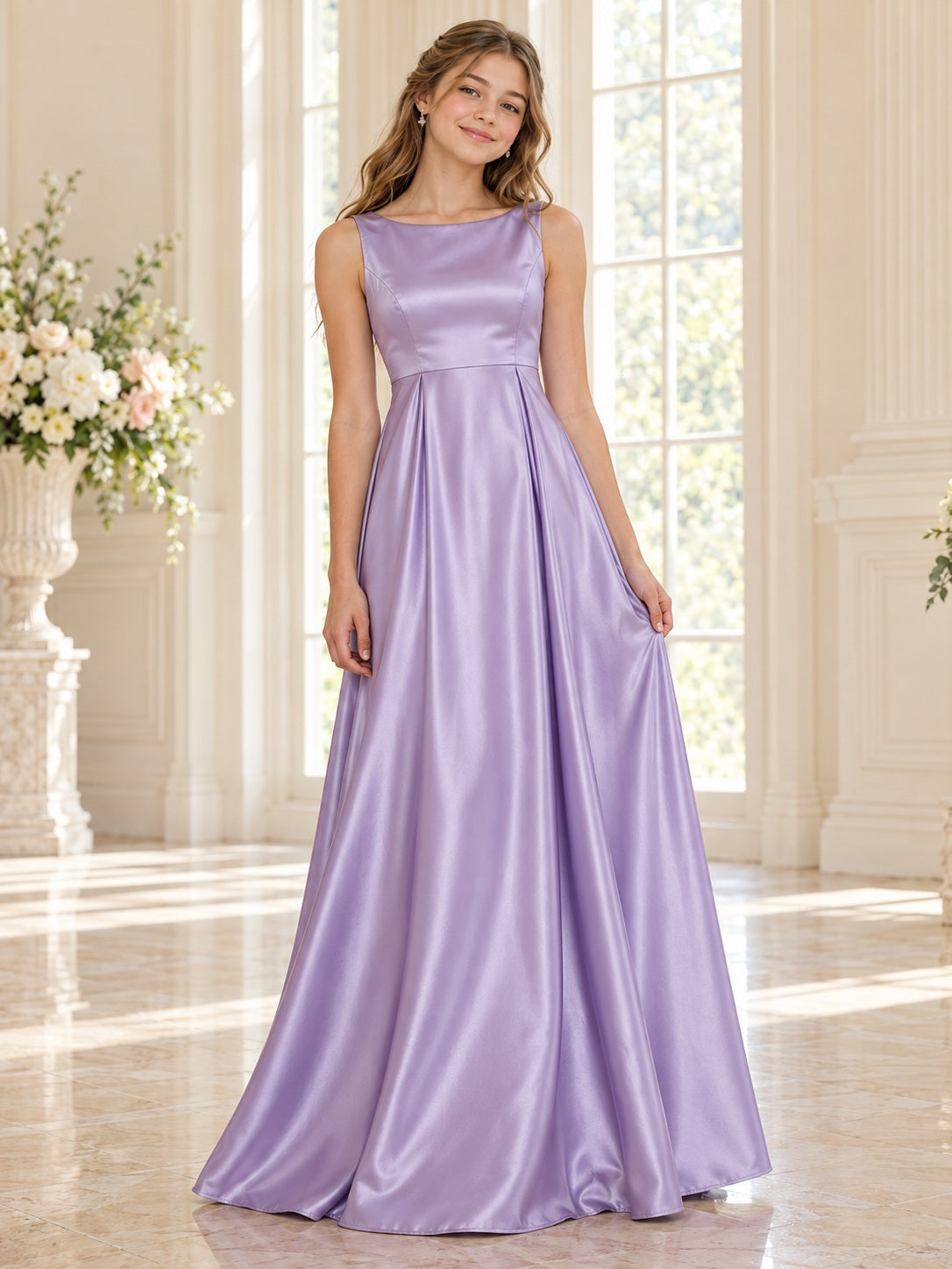 Lavender Bateau Sleeveless Satin Pleated Flowing Floor-length Formal Prom Dress, front view