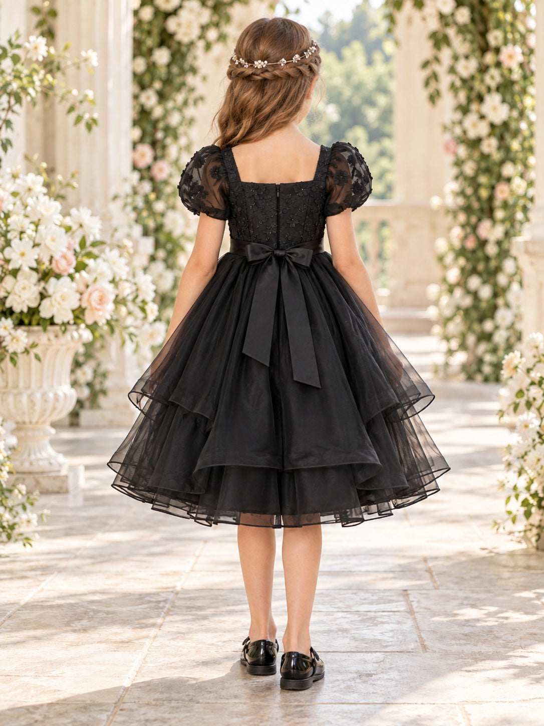 Vestido de niña de arras de encaje y organza en negro, línea A, escote cuadrado, manga corta, largo a media pierna