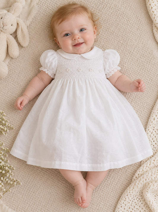 Vintage White Knee Length Round Collar Floral Smocked Puff Sleeve Baptism Dress - view 1
