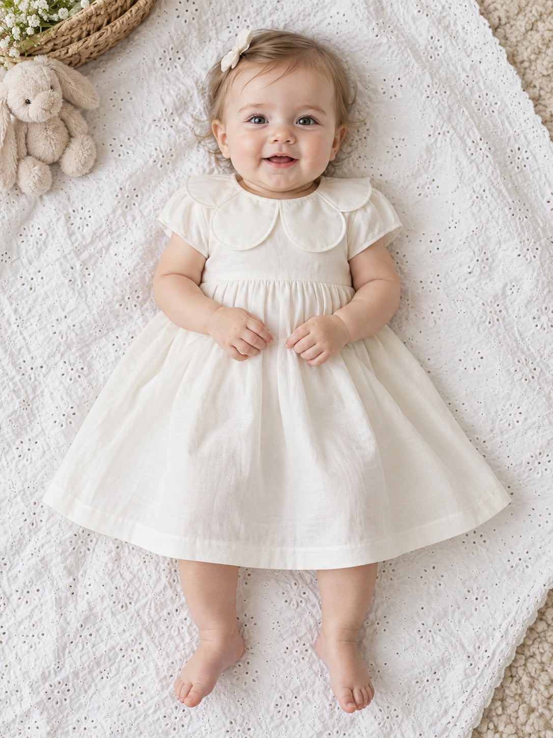 Robe de baptême vintage pour bébé, couleur ivoire, longueur genou, à mancherons et col pétale