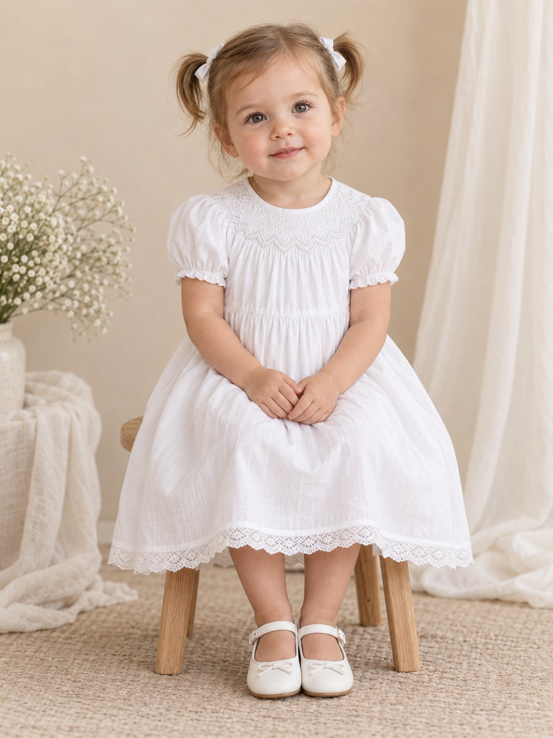 Vestido de bautizo de encaje y tafetán en blanco, línea A, escote redondo cerrado, manga corta y largo a media pierna