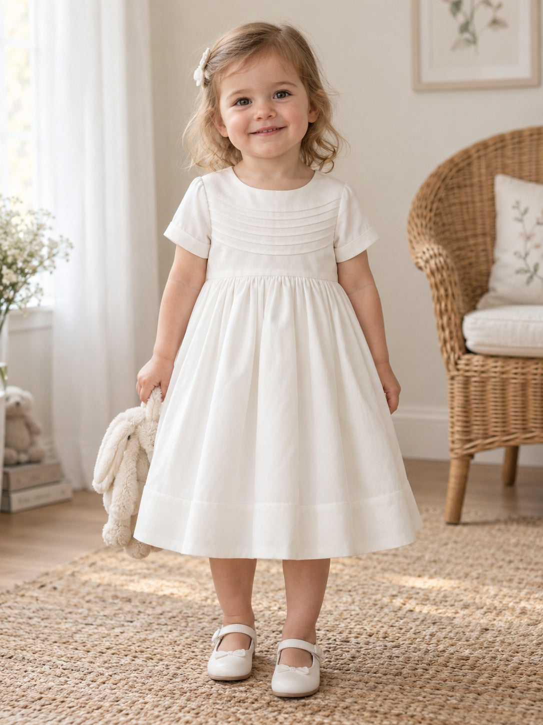 Simple Modest Ivory Short Sleeve Round Neck Broad Curved Pintucked Wide Cuff A-line Baptism Dress - view 1