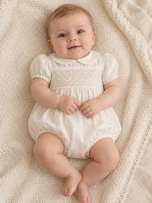 Vintage Modest Ivory Rounded Collar Short Puff Sleeve Diagonal Smocked Textured Gathered Baptism Bubble Romper - view 1