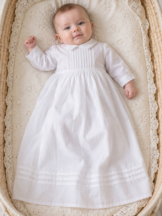 Vestido de bautizo de gasa satinada en blanco, de inspiración vintage, línea A, escote redondo cerrado, manga larga y largo hasta el suelo