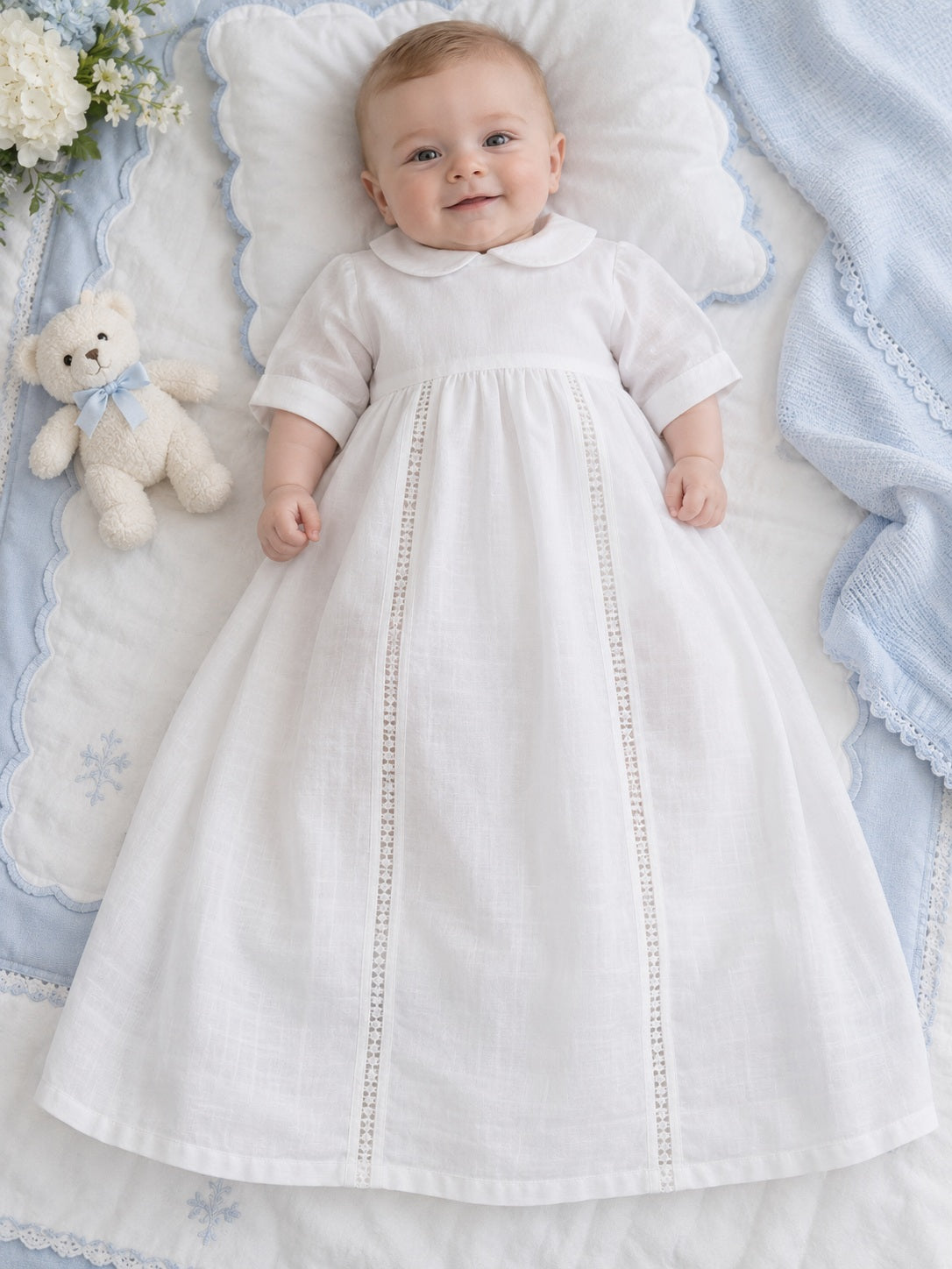 Vintage Short Sleeve White Round Collar Patterned Lace Striped Gathered Long Button Back Christening Gown - view 1