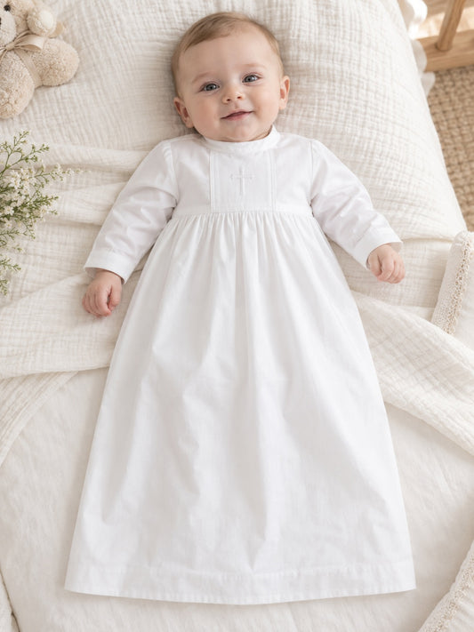 Vestido de bautizo de satén en blanco, de inspiración vintage, línea A, escote redondo cerrado, manga larga y largo hasta el suelo