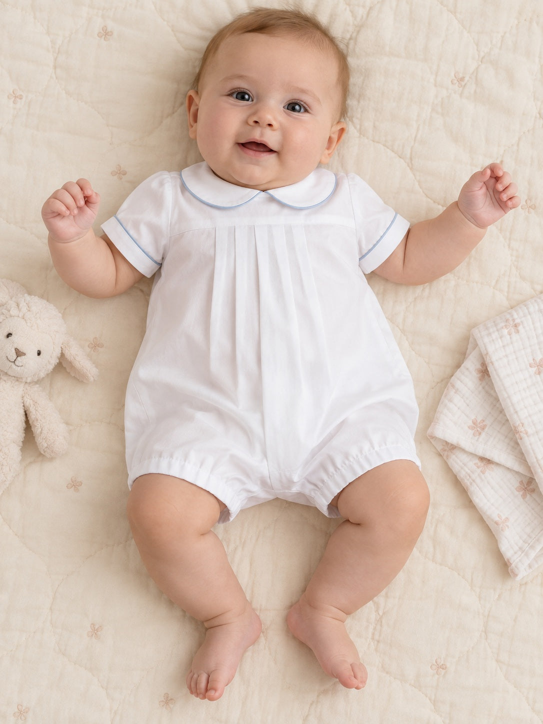 Vintage White Short Sleeve Piped Collar Fine Pleat Christening Romper - view 1