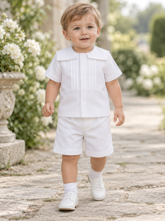 Vestido de bautizo de algodón en blanco, dos piezas, escote cuadrado y manga corta