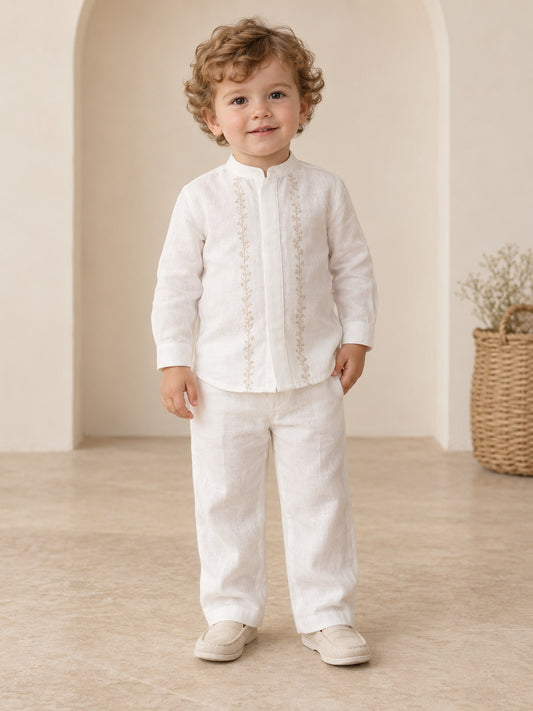 Vestido de bautizo de algodón en blanco, dos piezas, cuello alto y manga larga