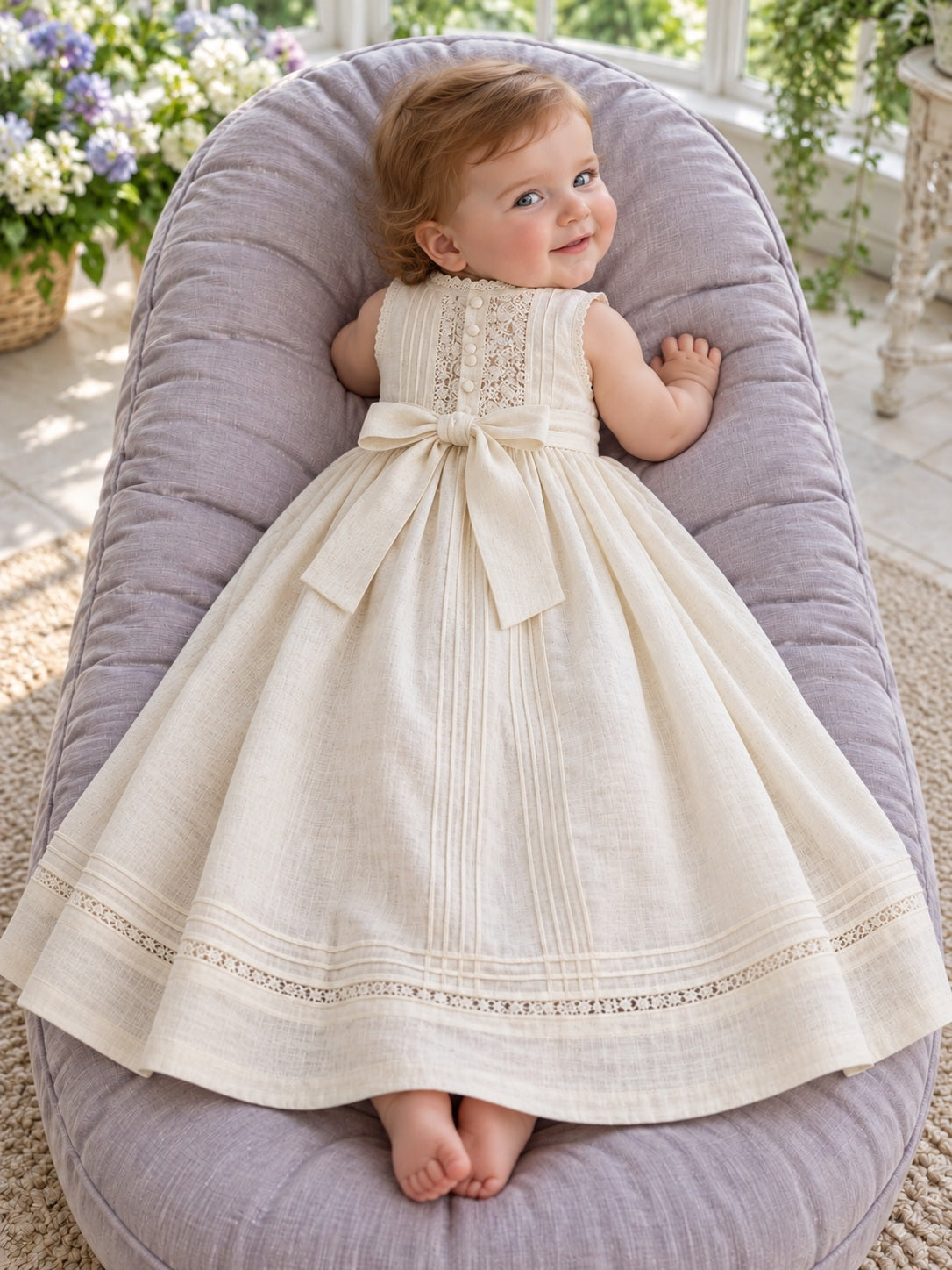 Ärmelloses, elfenbeinfarbenes, langes Taufkleid für Babys mit Spitzenbesatz, Bundfalten und Schleife
