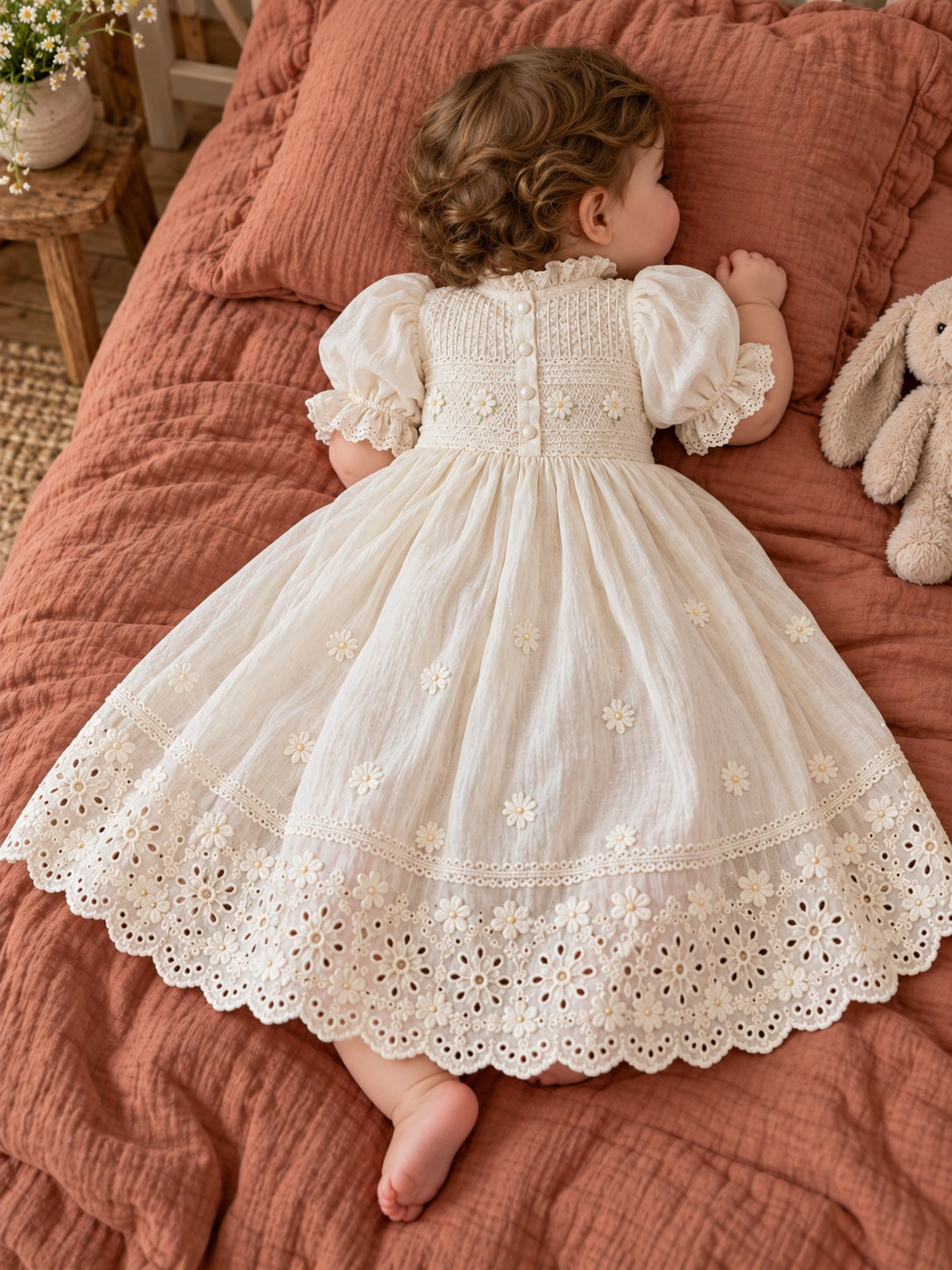Ivory Puff Sleeve Smocked Bodice Eyelet Hem Baby Christening Dress