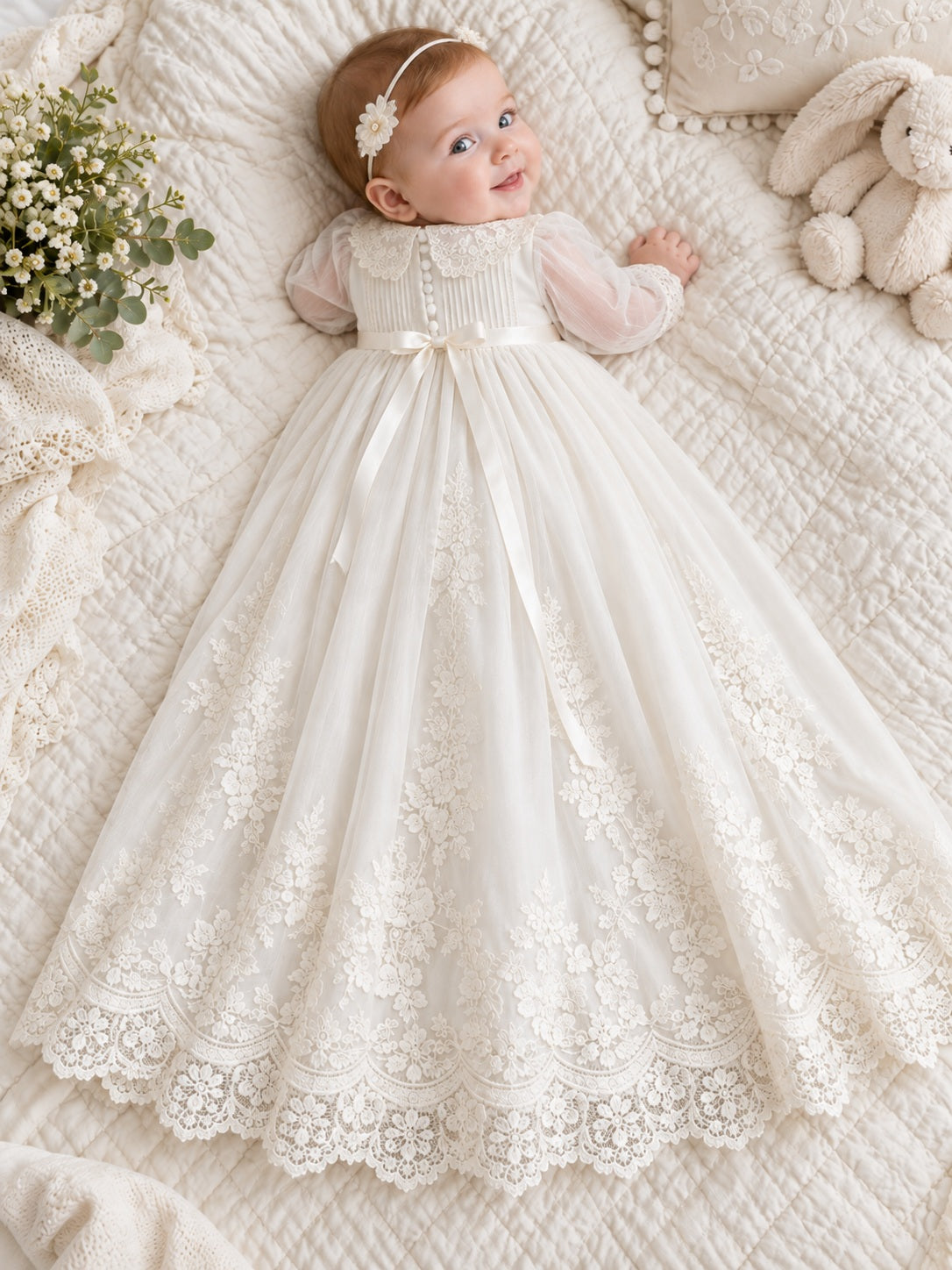 Ivory Sheer Long Sleeve Lace Border Satin Baby Christening Gown, back view