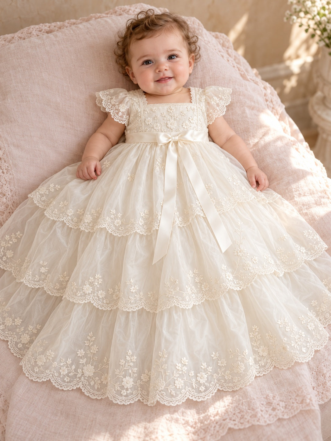 Ivory Square Neck Lace Cap Tiered Baby Christening Full Gown, front view