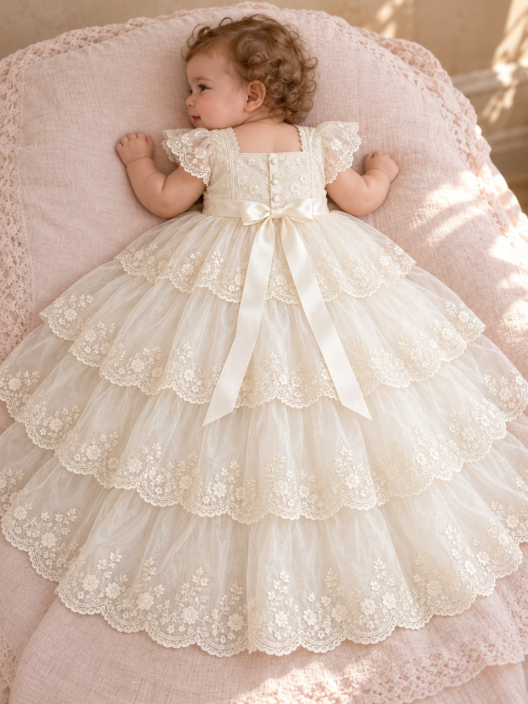 Ivory Square Neck Lace Cap Tiered Baby Christening Full Gown, back view