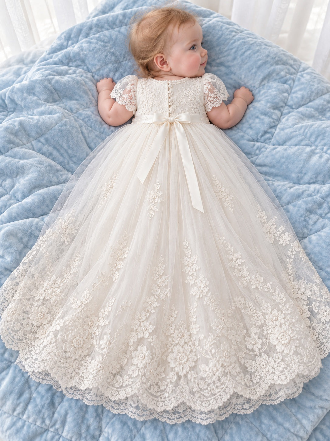 Ivory Short Lace Sleeve Ribbon Waist Baby Christening Full Gown