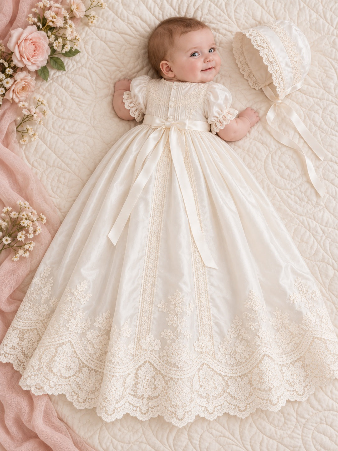 Ivory Puff Sleeve Ornate Scalloped Lace Baby Christening Satin Gown