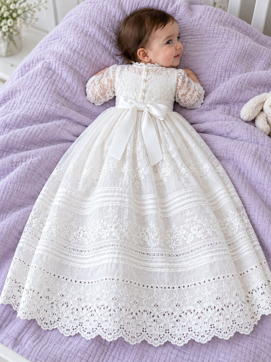 White Lace Elbow Sleeve Pintuck Border Baby Christening Long Gown, back view