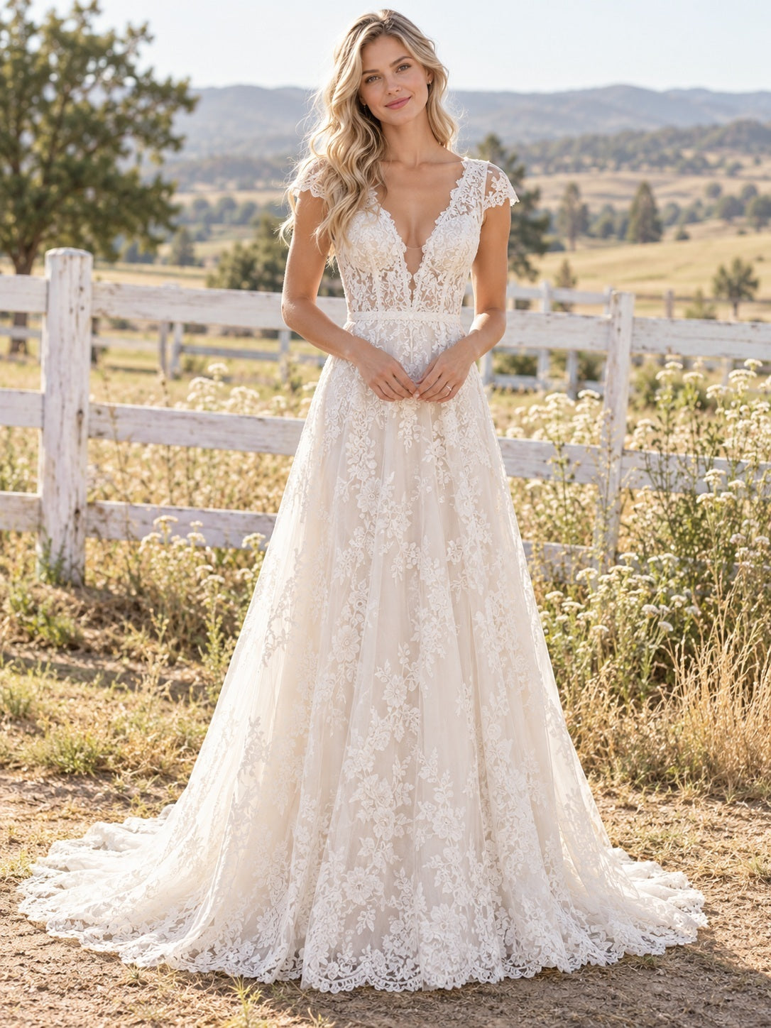 Country Floral V Neck Court Train Lace Cap Sleeve Wedding Dress — front view