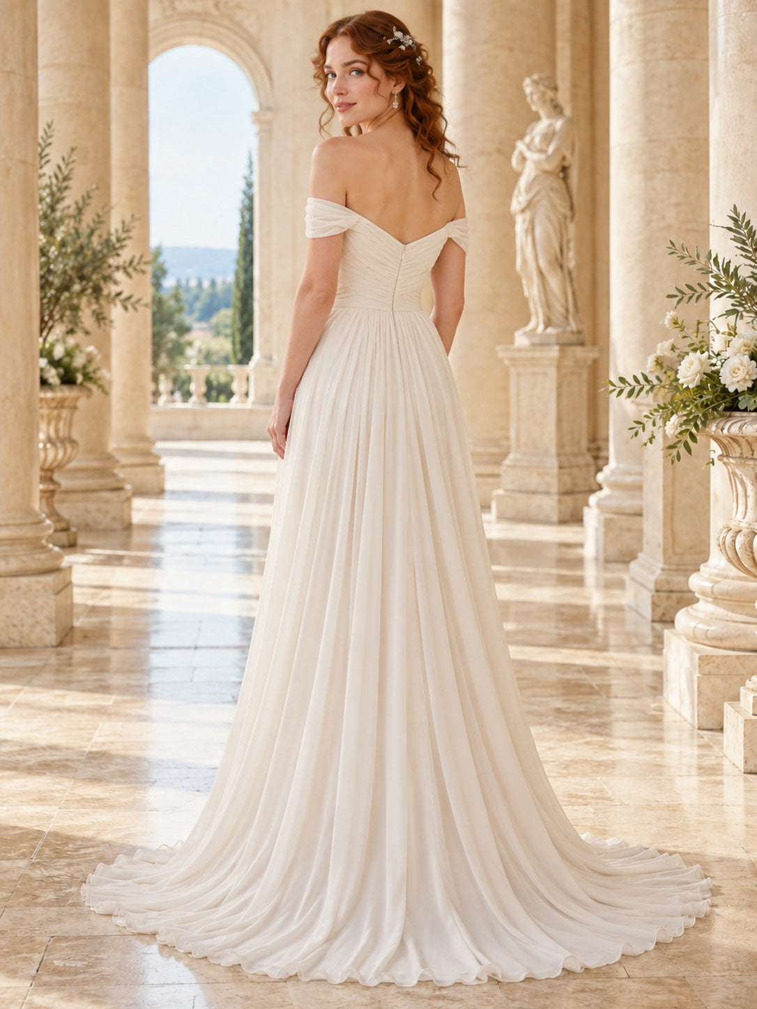 Griechisches, schlichtes Sommer-Brautkleid in A-Linie aus Chiffon mit schulterfreiem Herz-Ausschnitt, gerafft, drapiert und fließend