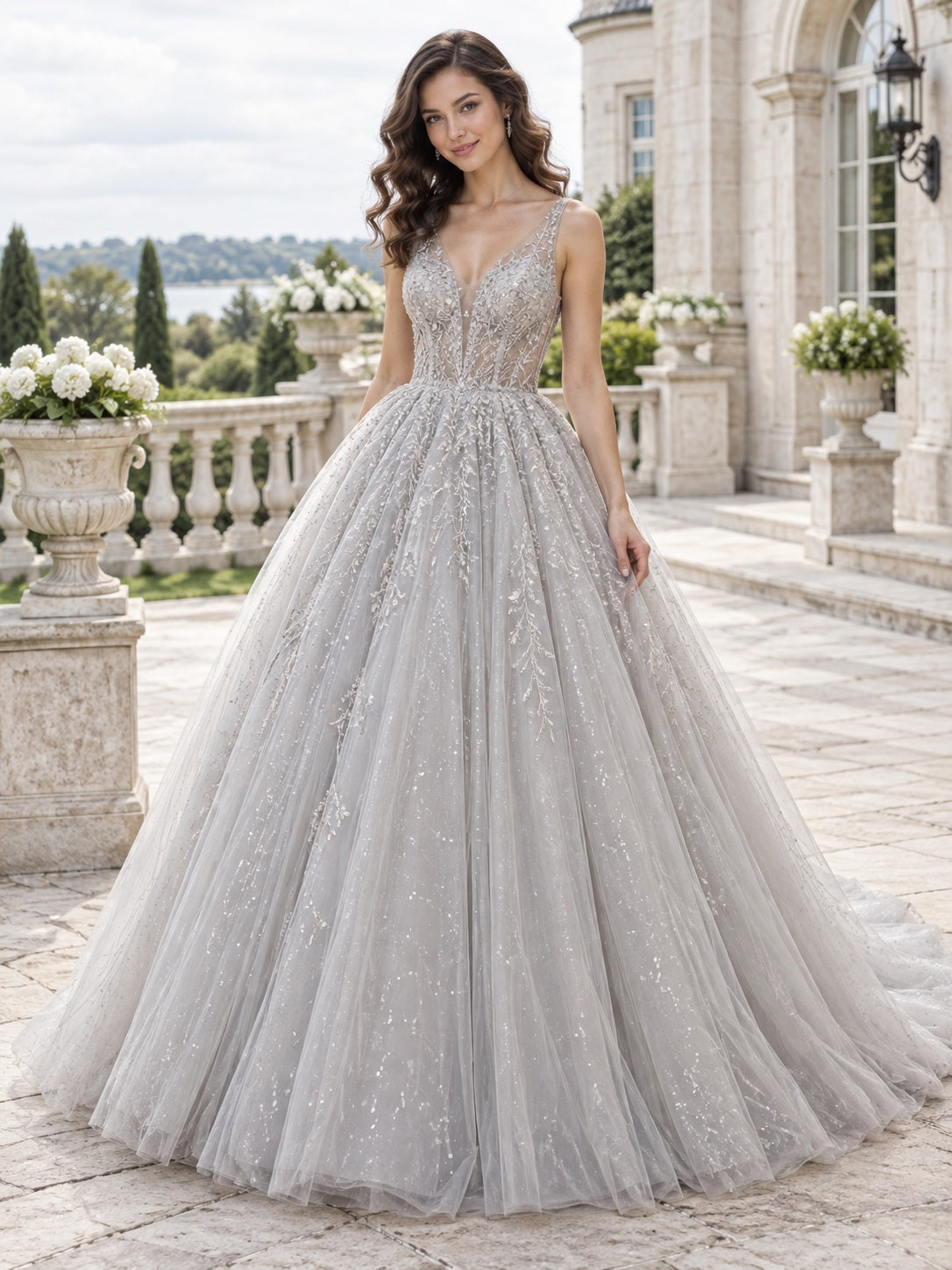 Silbernes Ballkleid aus Tüll, ärmellos, mit V-Ausschnitt, Perlenbesatz, weitem Rock, funkelnd, mit Schleppe, Brautkleid