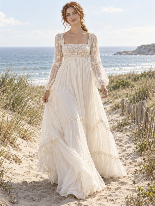 Vestido de novia de gasa y encaje en marfil, corte imperio, escote cuadrado, manga larga y largo hasta el suelo