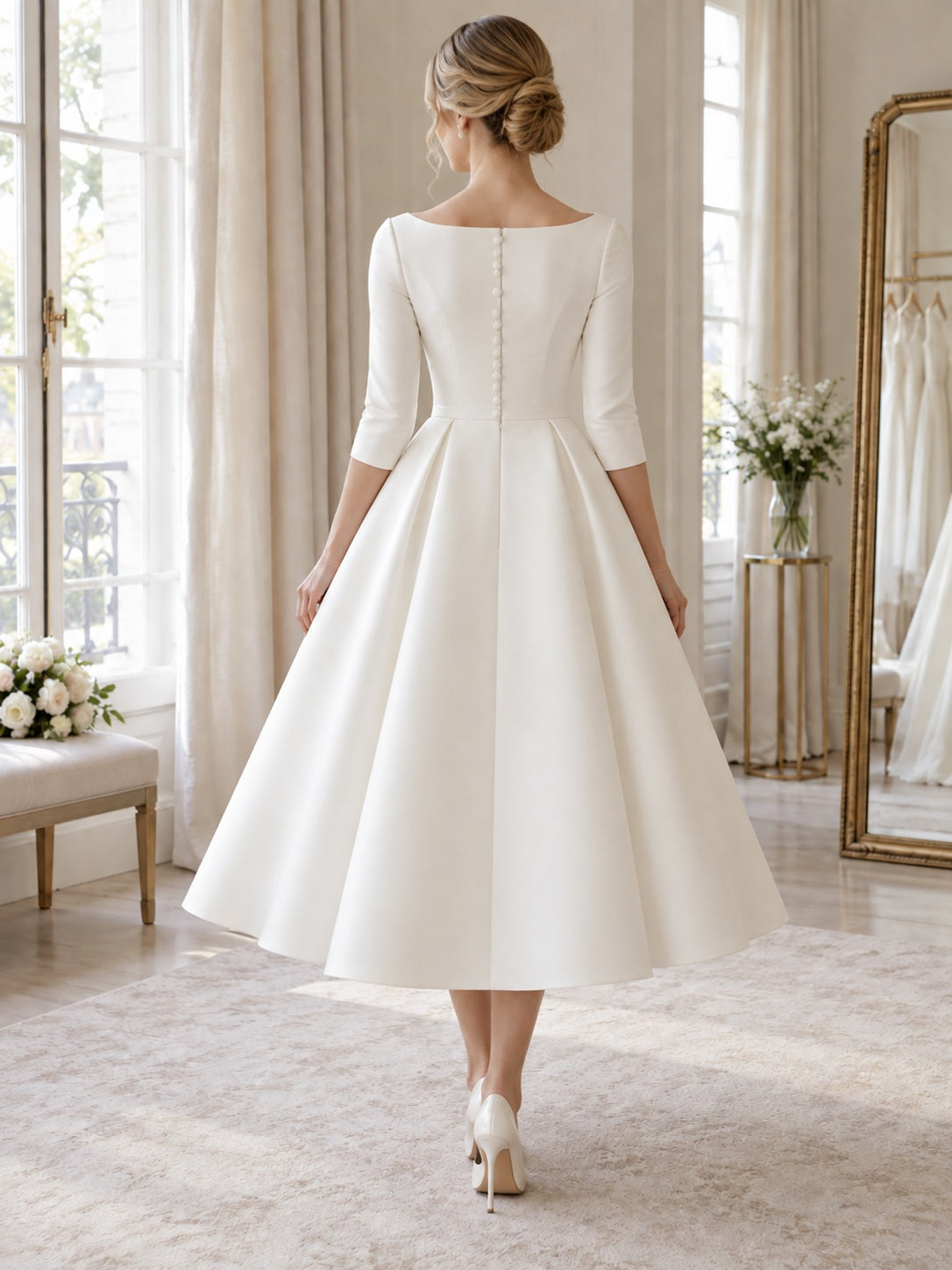 Einfaches Vintage-Brautkleid im 1960er-Jahre-Stil, wadenlang, A-Linie, Bateau-Ausschnitt, Dreiviertelärmel, Knopf-Oberteil, aus vollem Satin