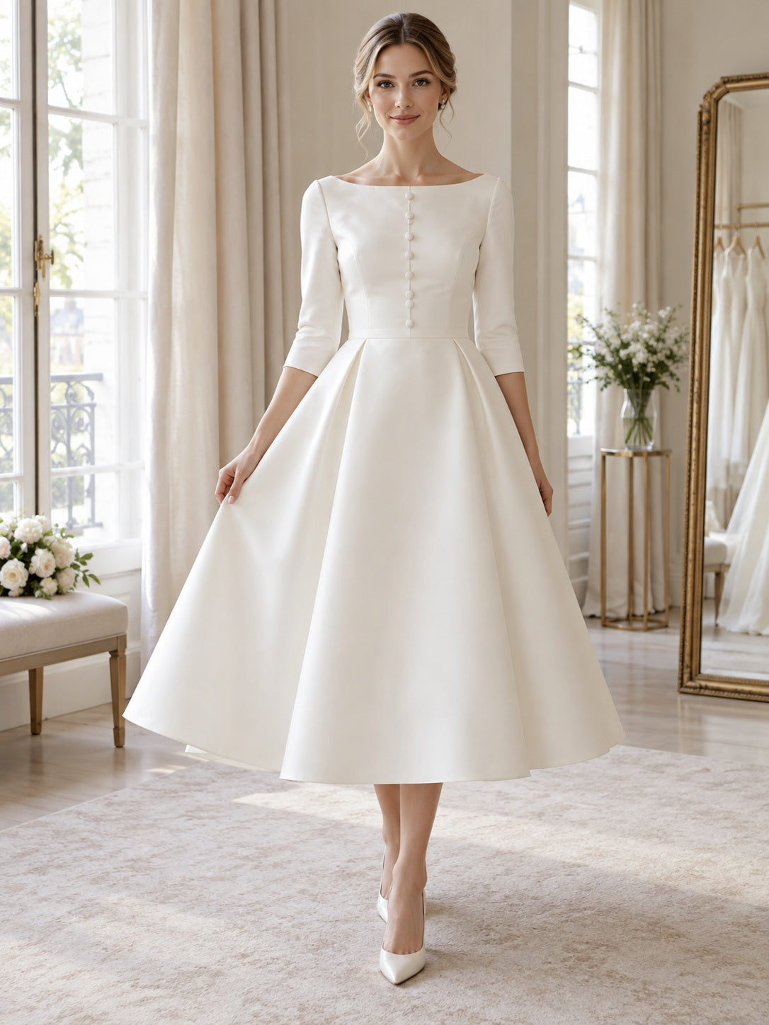 Einfaches Vintage-Brautkleid im 1960er-Jahre-Stil, wadenlang, A-Linie, Bateau-Ausschnitt, Dreiviertelärmel, Knopf-Oberteil, aus vollem Satin