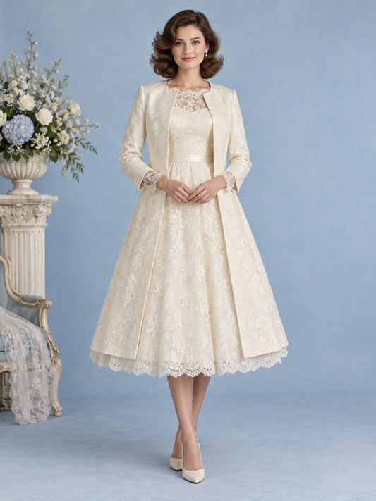 Vestido de novia de encaje en marfil, inspirado en los años 1960, línea A, escote redondo cerrado, manga larga y largo a media pierna