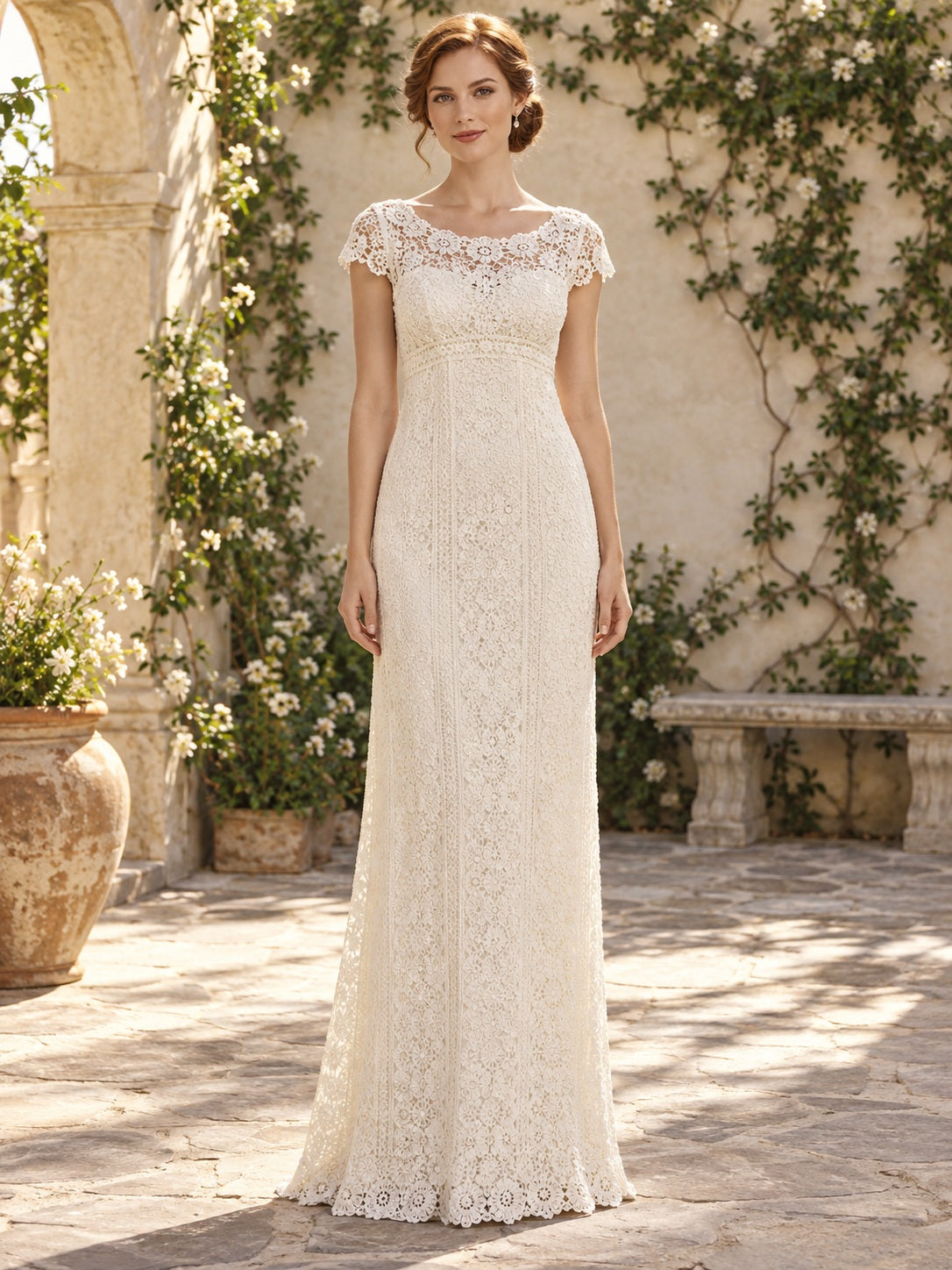 Vestido de novia de encaje en marfil, inspirado en los años 1960, corte imperio, escote redondo, manga corta y largo hasta el suelo