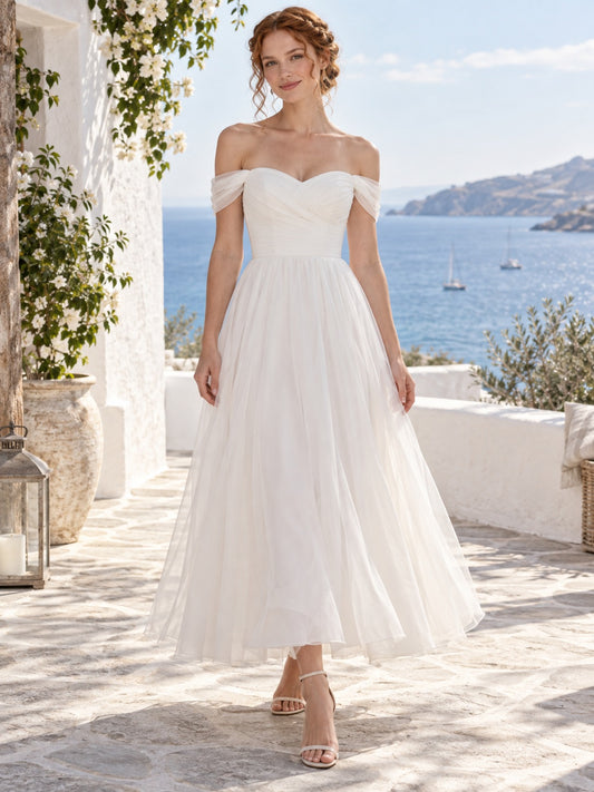 Robe de mariée de plage simple, à épaules dénudées, en mousseline, à col cœur, à manches courtes, froncée, longue jusqu'aux chevilles, légère et évasée