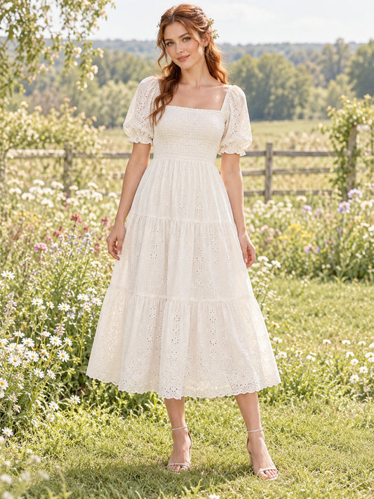 Robe de mariée bohème longueur thé à col carré, modeste en dentelle ajourée, à manches bouffantes, froncée et à volants étagés