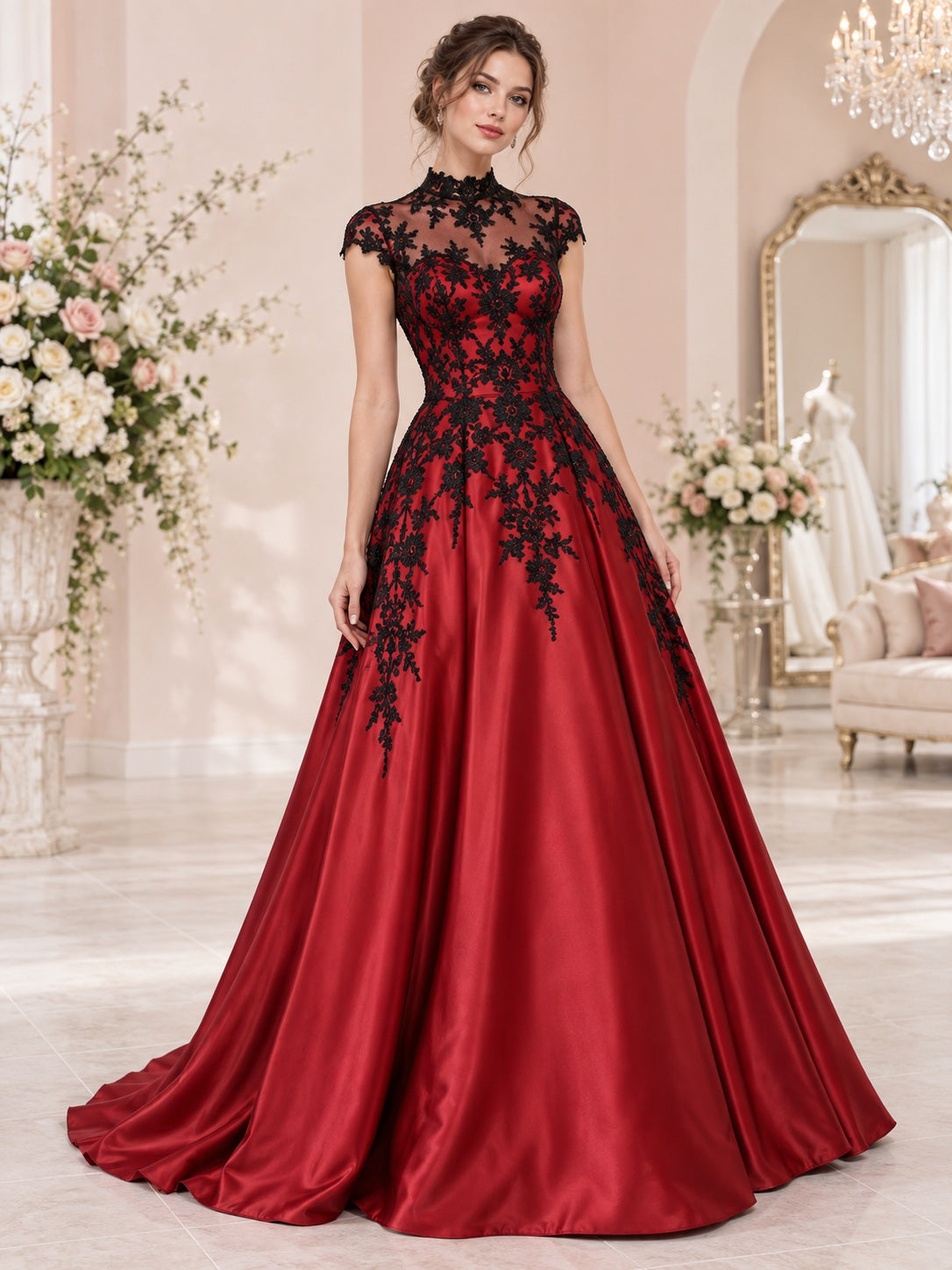 Schwarzes Hochgeschlossenes A-Linien-Brautkleid mit Flügelärmeln, rotem Satin, Blumenmuster, Illusions-Corsage und Spitze