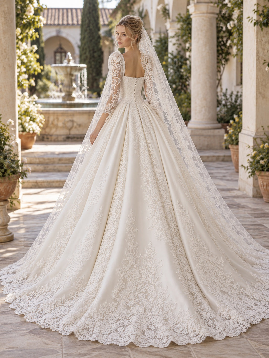 Spanisches, Mantilla-inspiriertes, florales Ballkleid mit eckigem Ausschnitt, langen Ärmeln, gewelltem Spitzenbesatz und Schleppe – Brautkleid