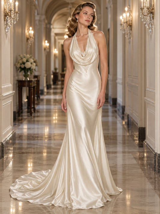Vestido de novia de satén en marfil, inspirado en los años 1930, corte recto, escote halter y escote drapeado, sin mangas y cola corta
