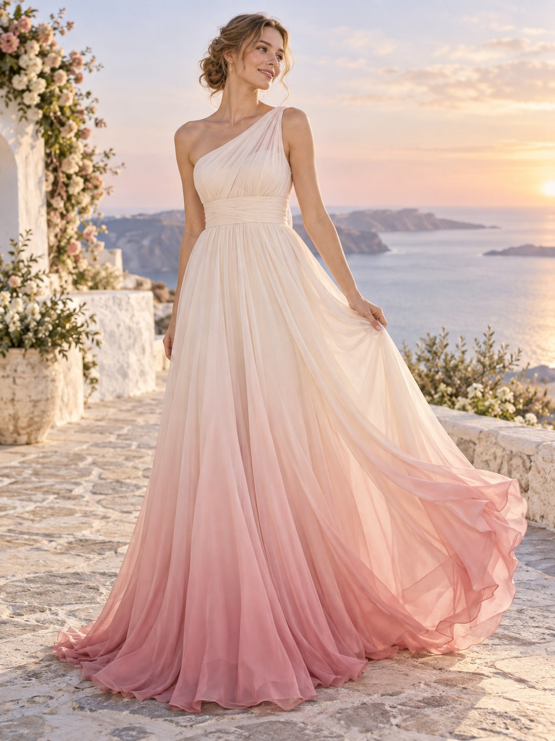 Einfaches rosafarbenes A-Linien-Brautkleid aus Chiffon mit Ombré-Effekt, One-Shoulder-Ausschnitt, Raffungen, fließendem Schnitt, ärmellos und Schleppe
