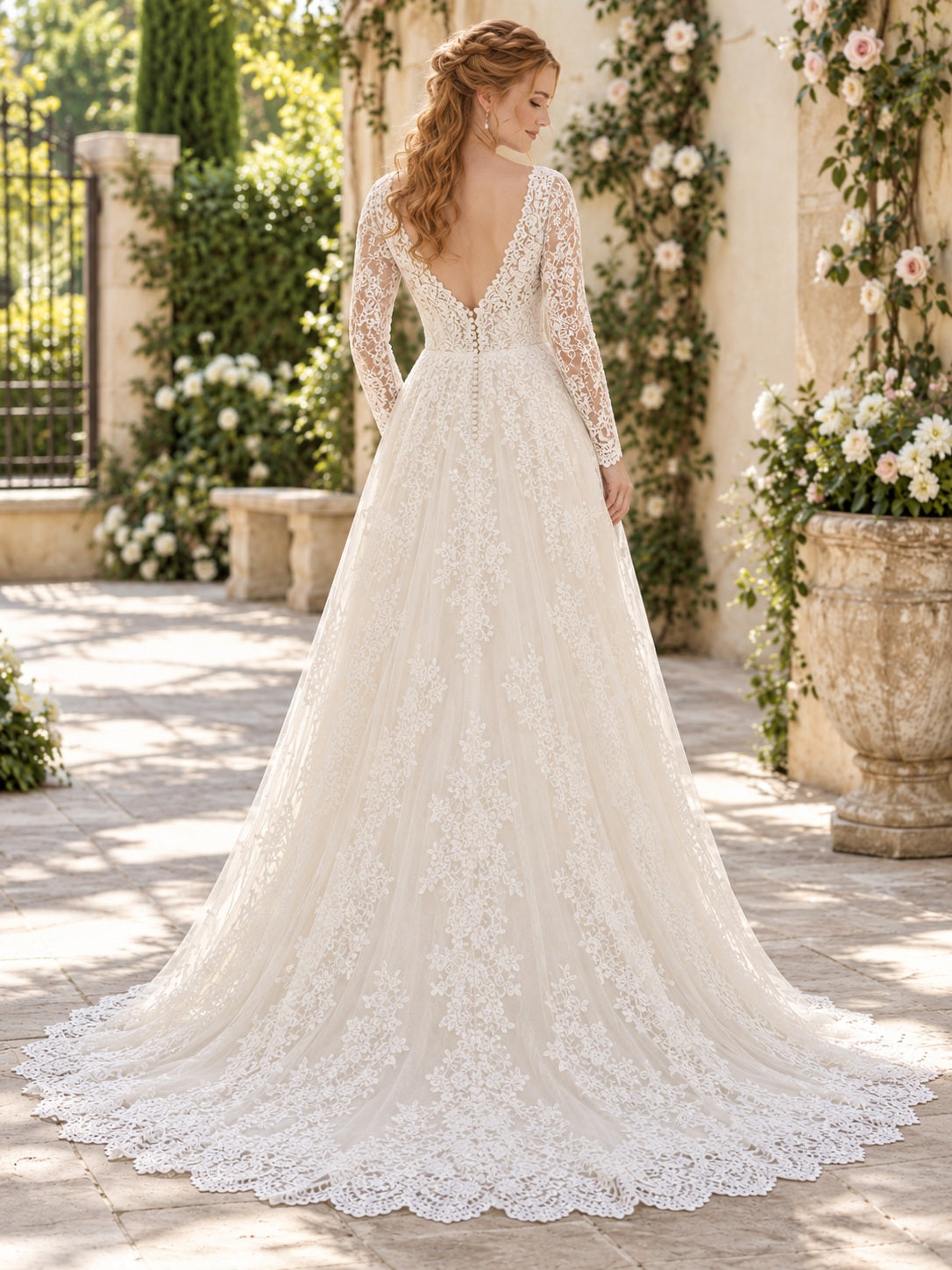 Irisches Brautkleid mit langen Ärmeln, A-Linie, V-Ausschnitt, figurbetont, aus floraler Spitze, mit Wellensaum, offenem Rücken und Schleppe