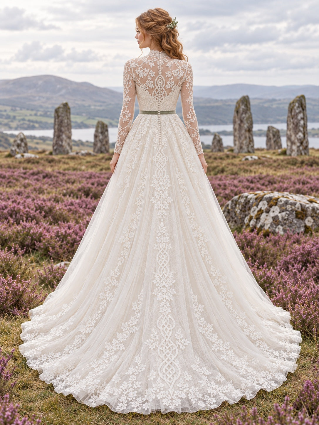 Irisches Handfasting-Brautkleid mit langen Ärmeln, hohem Kragen, A-Linie, Tüll, Spitze, Stickerei, Band-Taille, Illusionsrücken