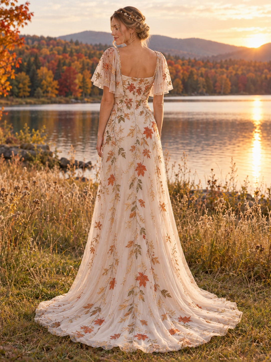 Herbstliches Brautkleid mit quadratischem Ausschnitt, Etui-Schnitt, Tüll, flatternden Ärmeln, mehrfarbiger Stickerei, figurbetont und mit Schleppe