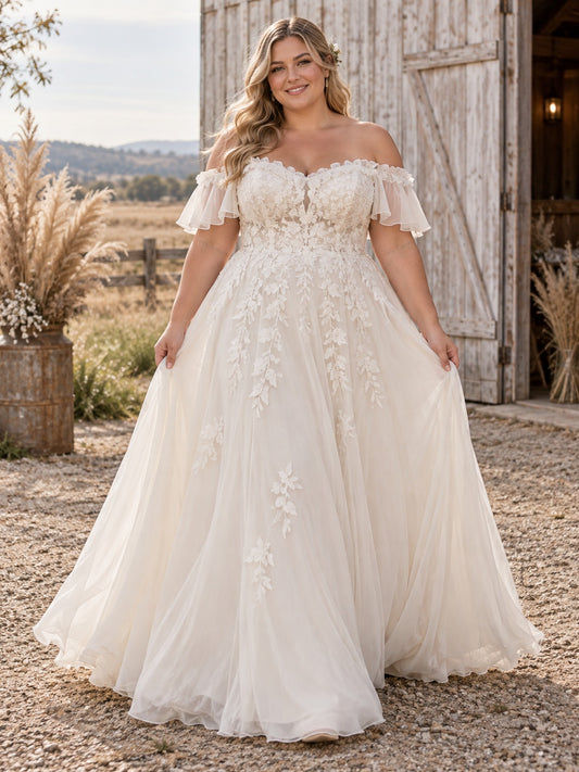 Robe grande taille bohème champêtre à épaules dénudées, volants, feuilles et dentelle