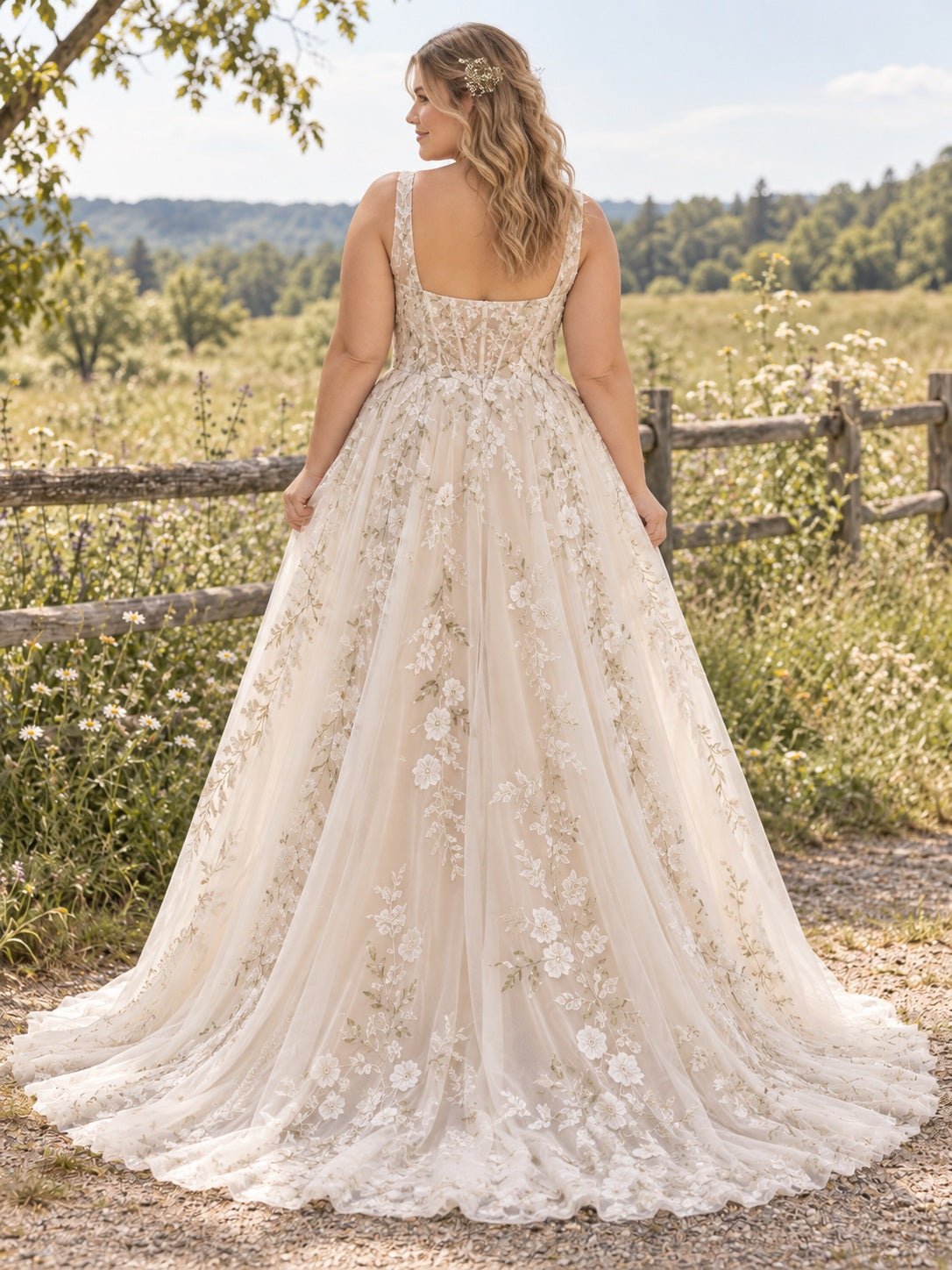 Plus-Size Boho-Country-Kleid mit eckigem Ausschnitt und botanischer Stickerei
