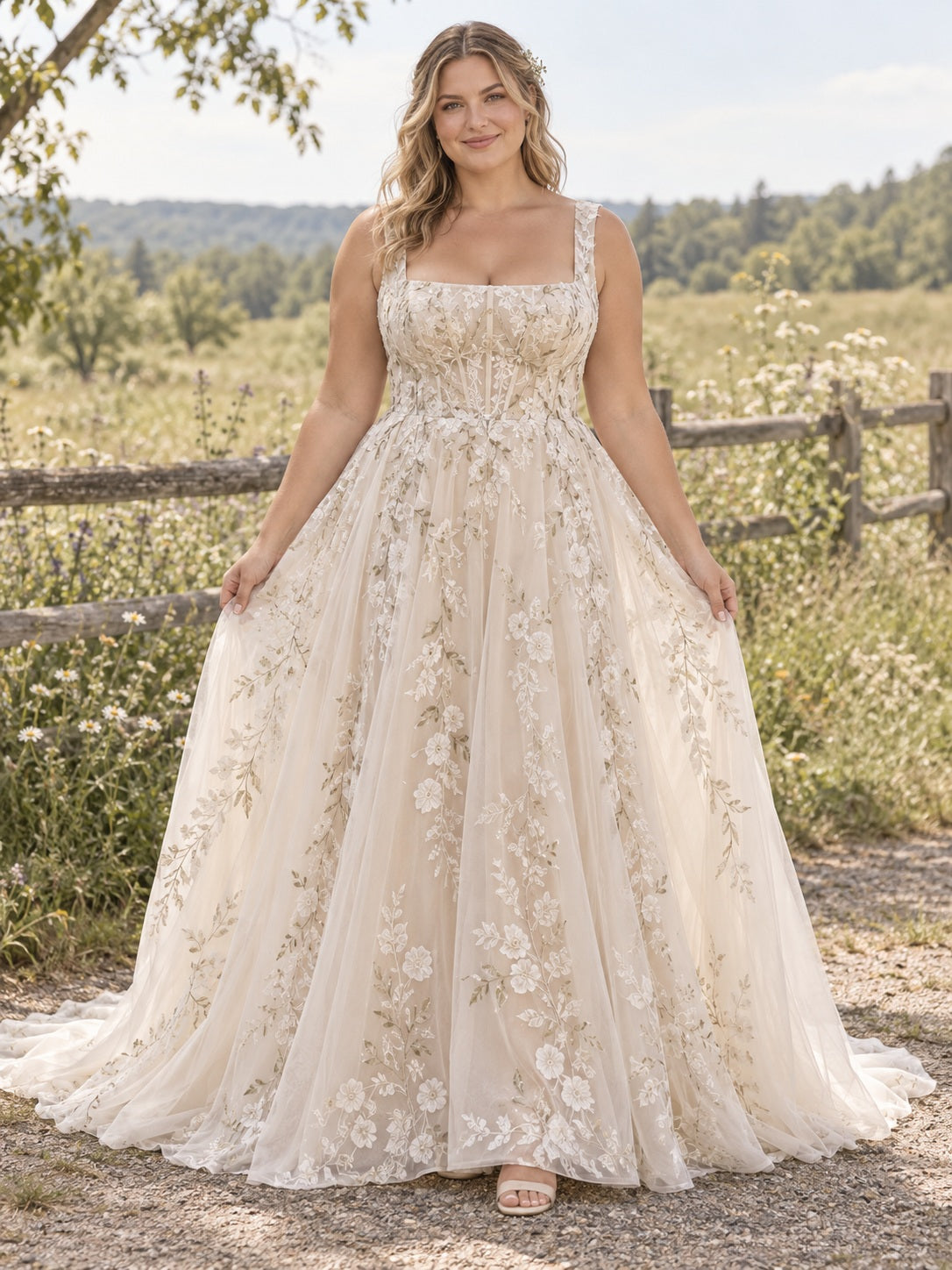 Plus-Size Boho-Country-Kleid mit eckigem Ausschnitt und botanischer Stickerei