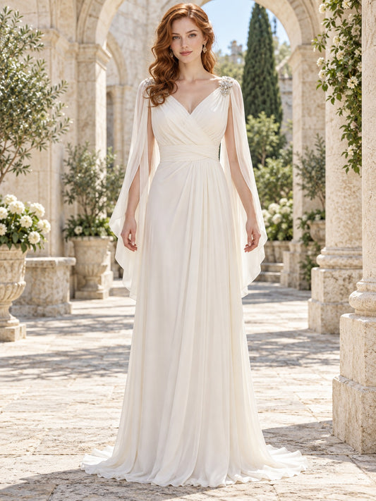 Vestido de novia de gasa en marfil, línea A, escote en V, manga larga y largo hasta el suelo