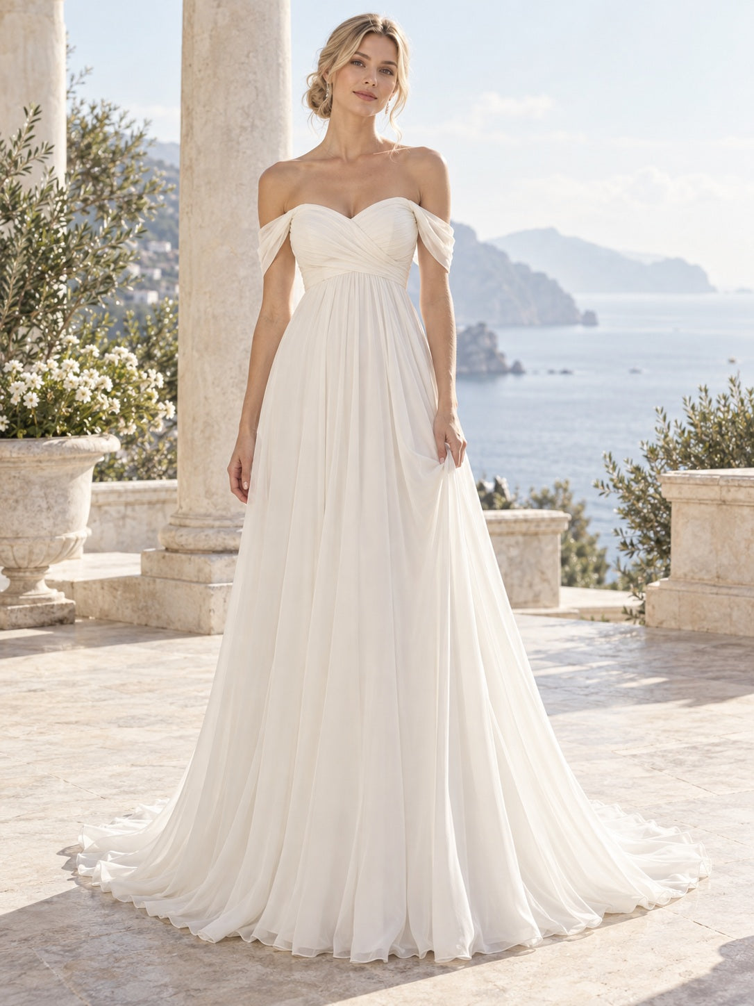 Vestido de novia de gasa en marfil, corte imperio, hombros descubiertos y escote corazón y largo hasta el suelo